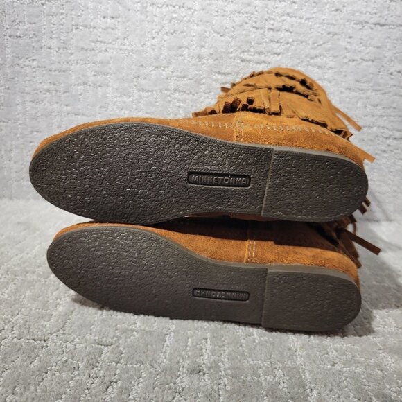 Minnetonka Moccasins 3 Layer Fringe Women's Size 5 Brown Suede Calf High Boots - Picture 6 of 10